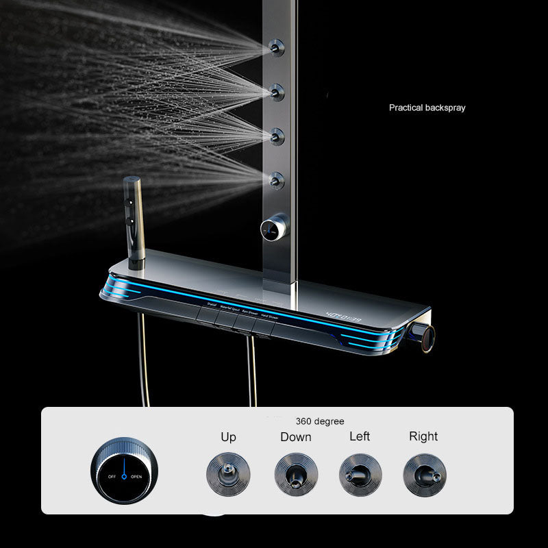 Homelody Luxuriös Groß 40°C Thermostat-Duschsäule Digitaler Bildschirm mit Ablagebrett Duschset mit Badewannenmischer und 360° drehbarer Rückspray, Umgebungslicht