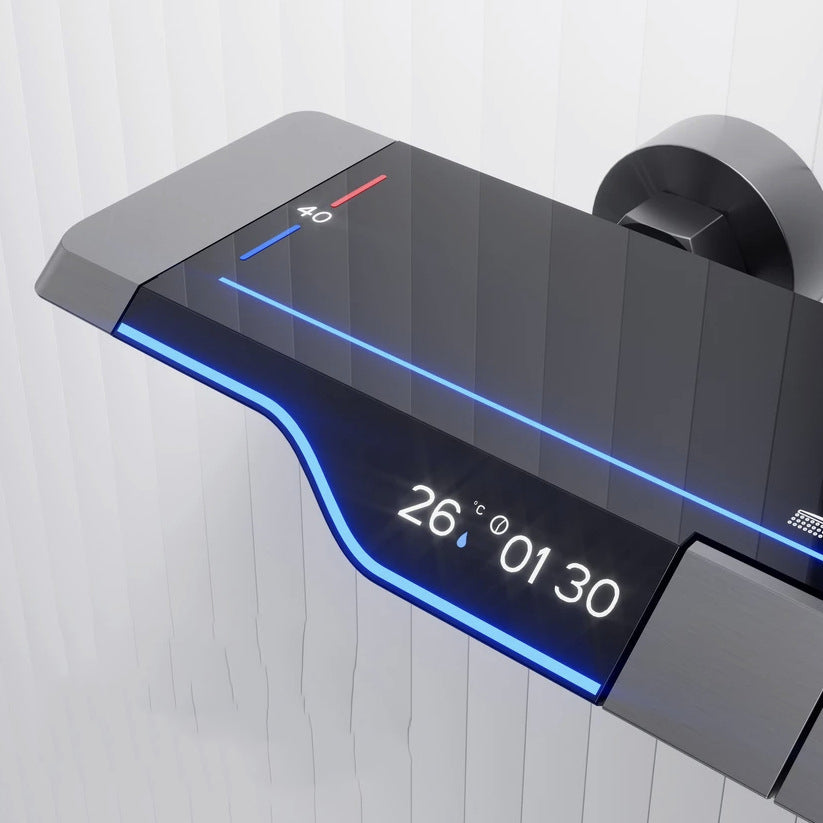 Homelody Dunkle Nacht 40°C Thermostat-Duschsäule Digitaler Bildschirm mit Ablagebrett Duschset mit Badewannenmischer, Umgebungslicht