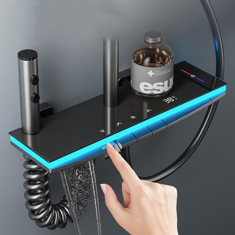 Homelody 38°C Thermostat-Duschsäule Digitaler Bildschirm mit Ablagebrett Duschset mit Badewannenmischer für das Badezimmer 4 Funktionen, Umgebungslicht