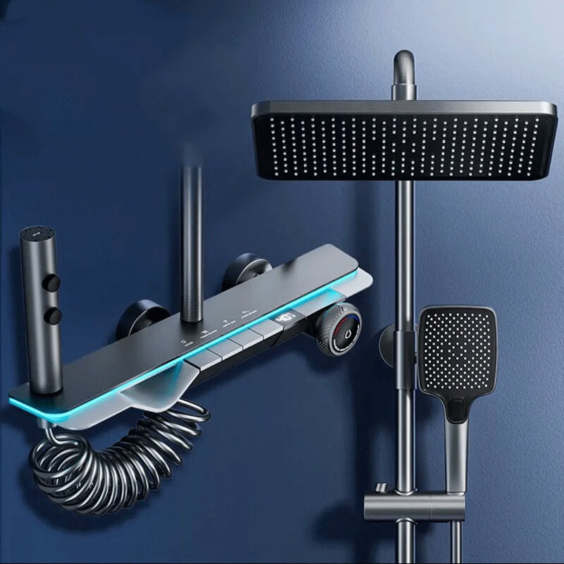 Homelody 40°C Thermostat Höhenverstellbares Duschsäule Digitaler Bildschirm mit Ablagebrett Duschset mit Badewannenmischer für das Badezimmer 4 Funktionen, Umgebungslicht