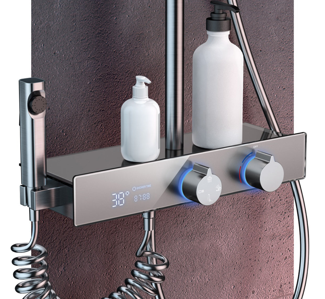 Homelody 4 Funktionen Duschsystem messing Duscharmatur Digitaler Bildschirm mit Ablage Duschset Regendusche aufputz mit Ablageschale Höhenverstellbares Duschset