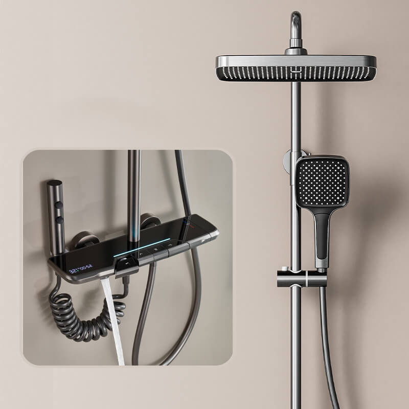 Homelody 40°C Thermostat-Duschsäule Digitaler Bildschirm mit Ablagebrett Duschset mit Badewannenmischer für das Badezimmer 4 Funktionen, Umgebungslicht