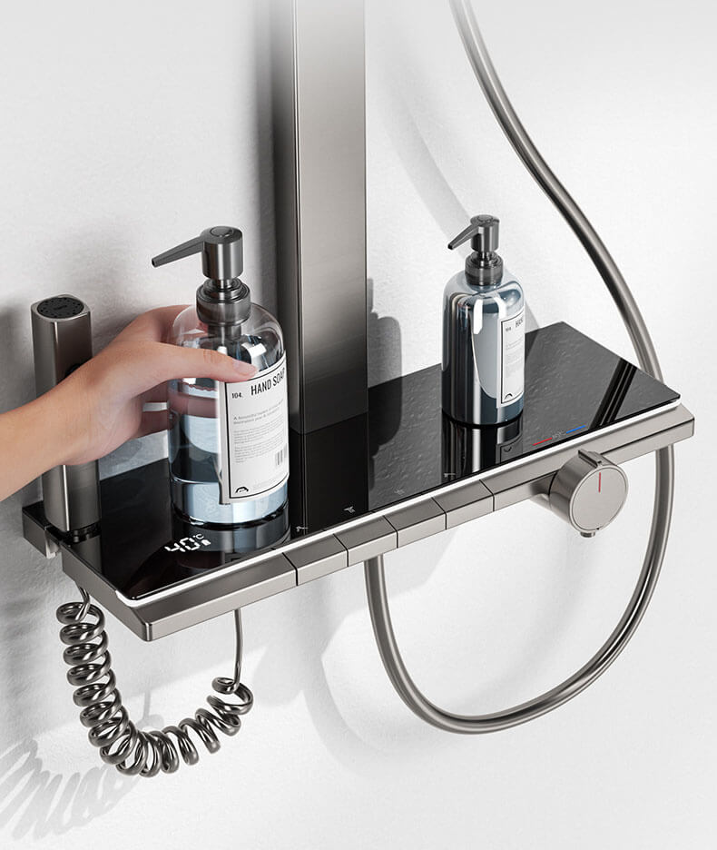 Homelody 40℃ Thermostat-Duschsäule mit Mega Ablagebrett Duschset mit Badewannenmischer für das Badezimmer 4 Funktionen