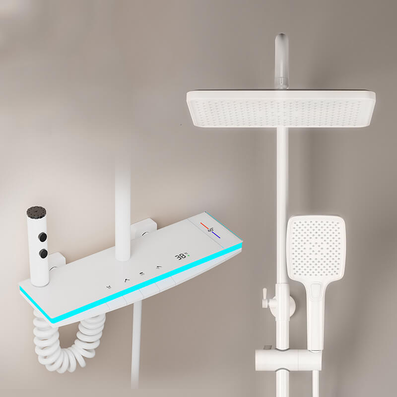 Homelody 38°C Thermostat-Duschsäule Digitaler Bildschirm mit Ablagebrett Duschset mit Badewannenmischer für das Badezimmer 4 Funktionen, Umgebungslicht