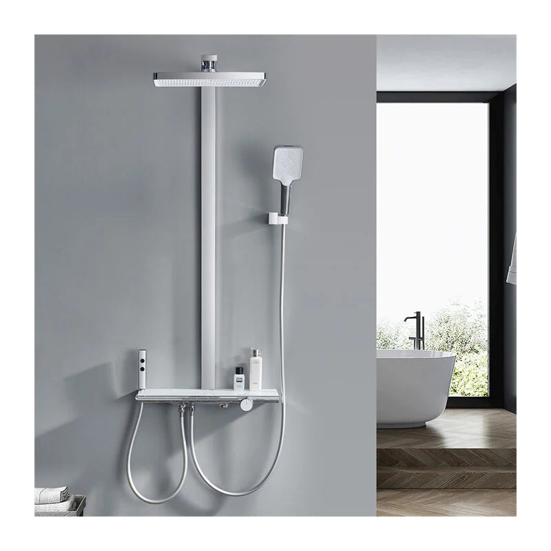 Homelody Thermostat-Duschsäule chromiertes mit weißem Ablagebrett Duschset mit Badewannenmischer für das Badezimmer 4 Funktionen