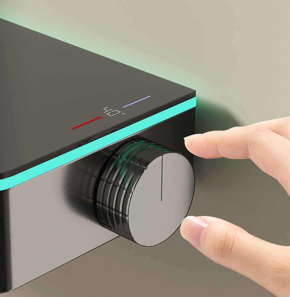 Homelody Luxuriös Groß 40°C Thermostat-Duschsäule Digitaler Bildschirm mit Ablagebrett Duschset mit Badewannenmischer, Umgebungslicht