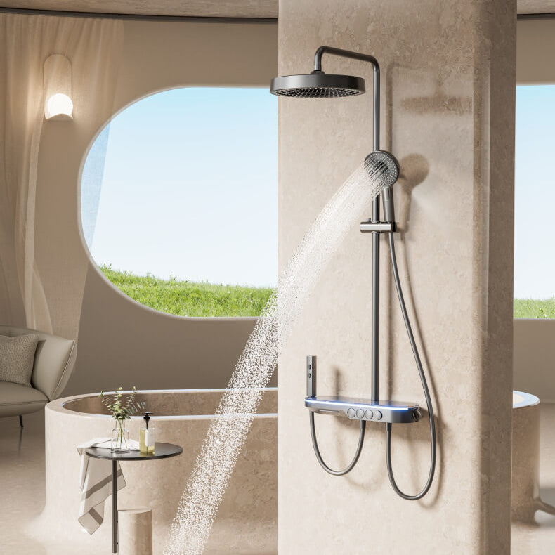 Homelody 40°C Thermostat-Duschsäule Digitaler Bildschirm mit Ablageschale Höhenverstellbares Duschset mit Badewannenmischer für das Badezimmer 4 Funktionen, Umgebungslicht