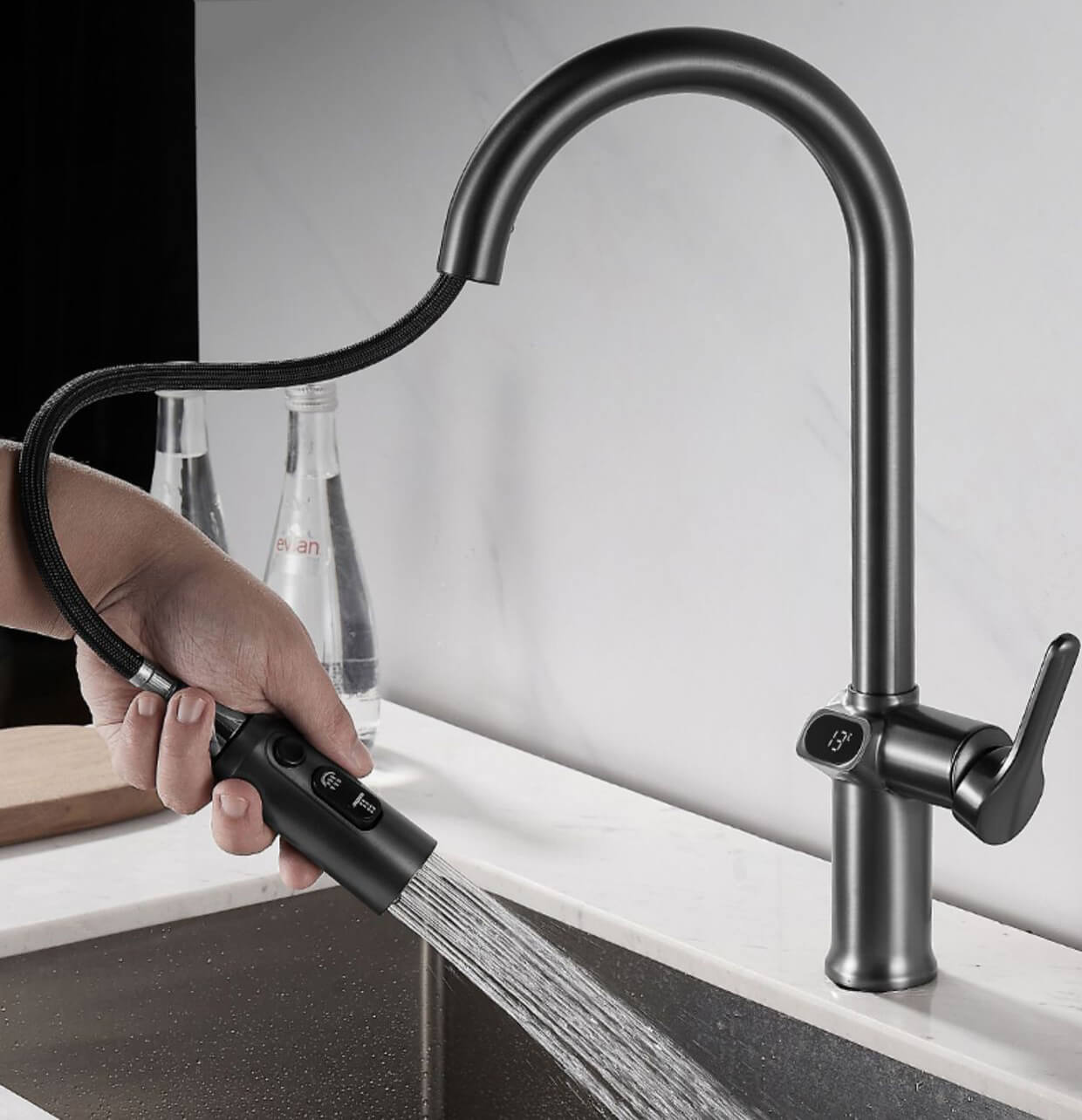 Homelody 360 ° Drehung Wasserhahn Küche mit Digitalanzeige ausziehbar Küchenarmatur mit Brause Mischbatterie Küche mit 3 Modus