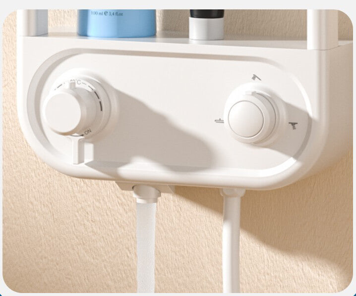 Homelody Luxuriöse Runde 38°C Thermostat-Duschsäule Digitaler Bildschirm mit Ablageschale Duschset und Wasserfall-Auslauf, , Umgebungslicht