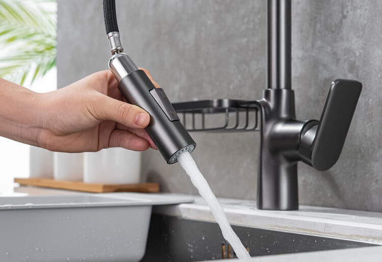 Homelody Messing 360 ° Drehung Wasserhahn Küche ausziehbar Küchenarmatur mit Brause Edelstahl Mischbatterie und Lagerregale
