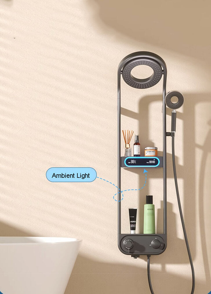 Homelody Luxuriöse Runde 38°C Thermostat-Duschsäule Digitaler Bildschirm mit Ablageschale Duschset und Wasserfall-Auslauf, , Umgebungslicht