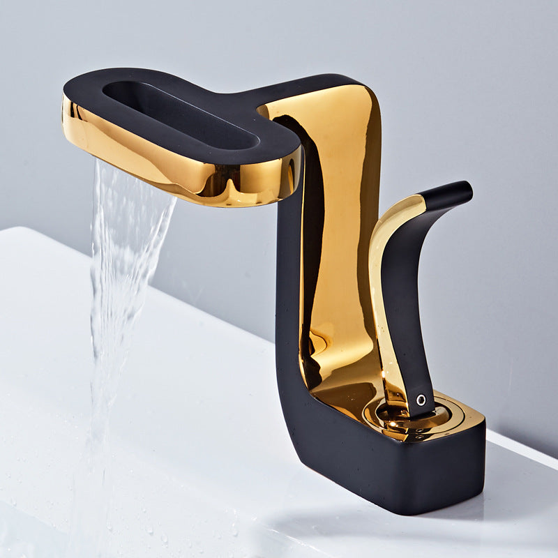 Homelody Luxuriös und Elegant Wasserfall-Mischbatterie Kupfer Badarmatur mit abgeflachtem Auslauf für niedriges Waschbecken und Handspüler