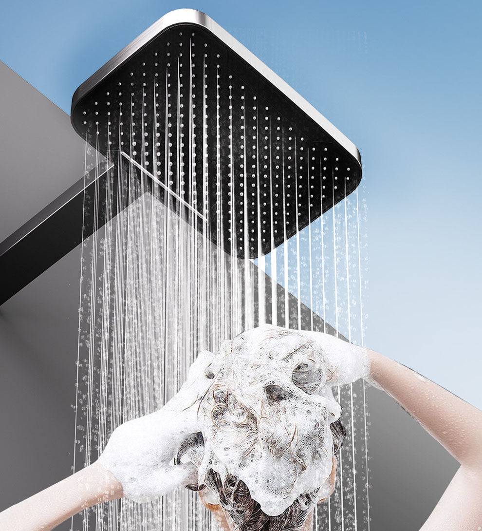 Homelody Luxuriös Groß 40°C Thermostat-Duschsäule Digitaler Bildschirm mit Ablagebrett Duschset mit Badewannenmischer und 360° drehbarer Rückspray, Umgebungslicht