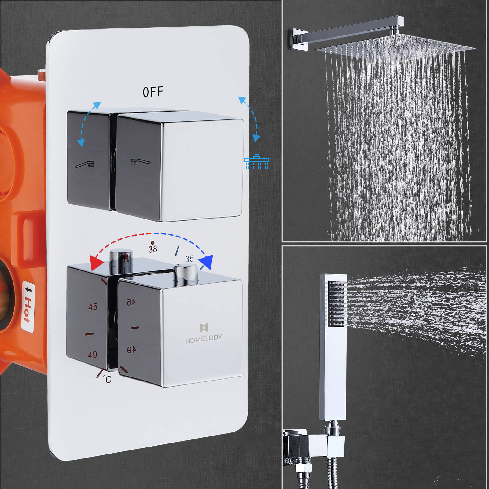 Homelody Unterputz-Duschsystem Thermostat Messing Dusche quadratisch Duschzubehör Duschset